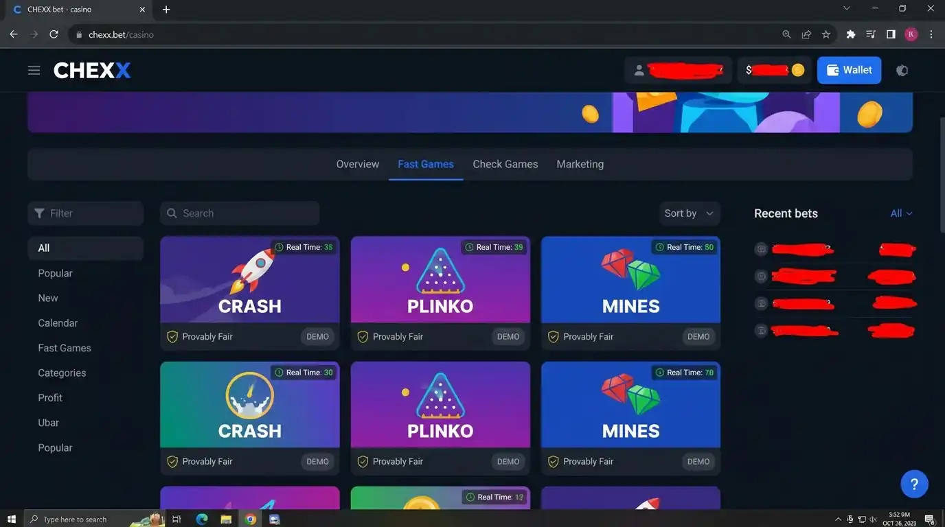 لقطة حقيقية مطلوبة من قسم Fast Games في CHEXX